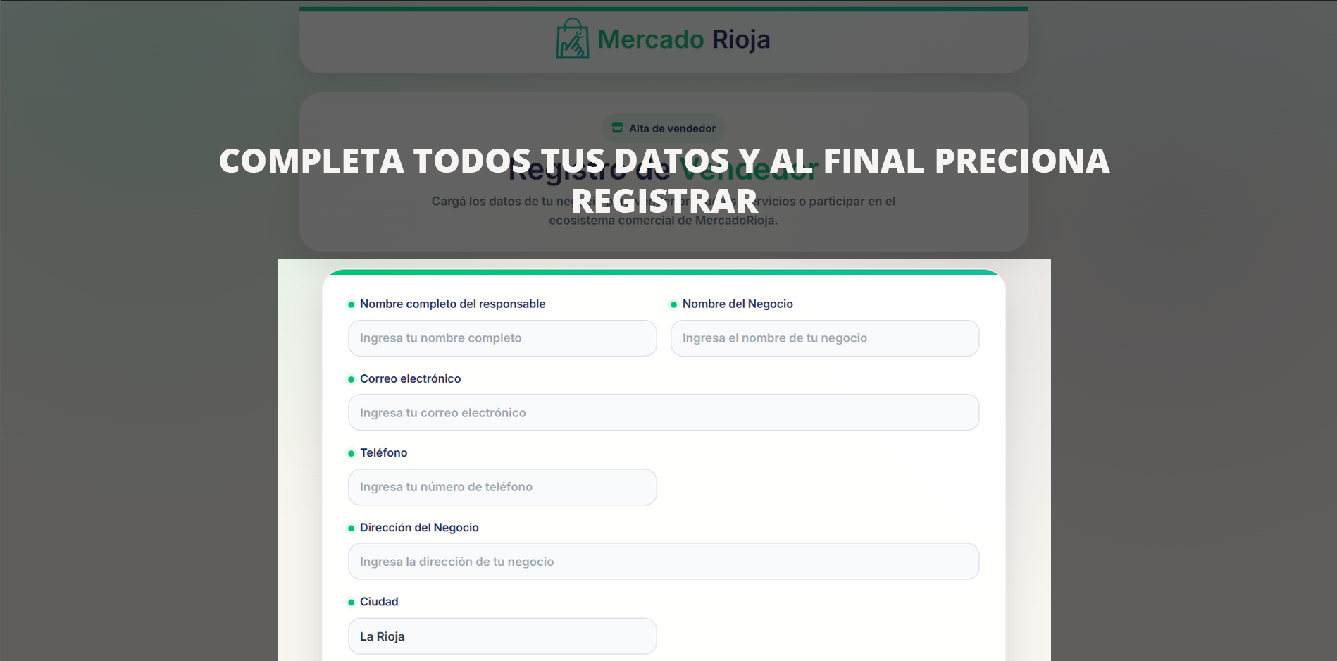 Formulario de alta de vendedor de MercadoRioja