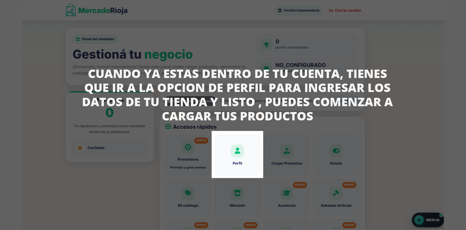 Panel de vendedor y acceso al perfil de MercadoRioja